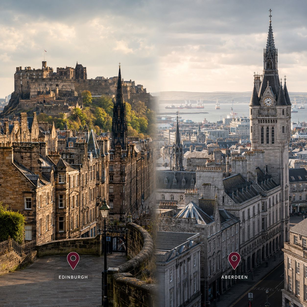 A split-screen cityscape comparison showing Edinburgh on the left with a castle atop a stone hill and historic buildings in the foreground, and Aberdeen on the right with a tall clock tower and dense urban architecture. Two red map-pin labels with the city names are overlaid near the bottom.