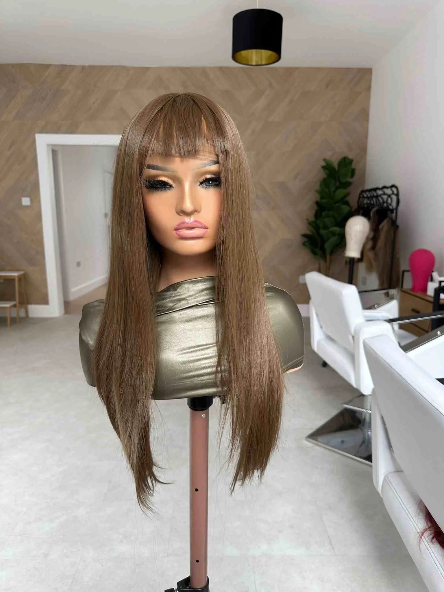 Brown Fringe Synthetic Real Human Hair Wig