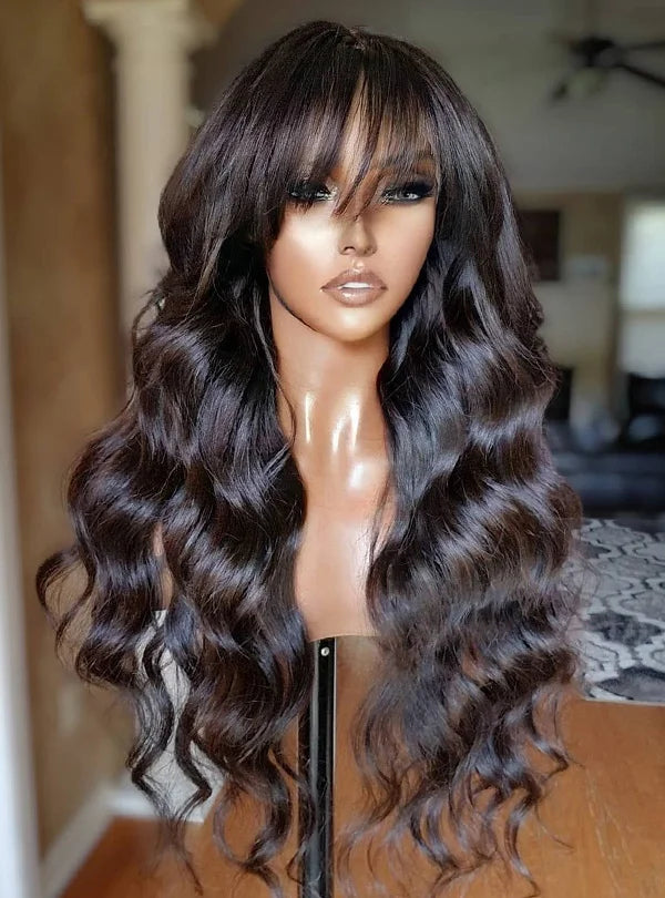 Black Human Hair Wavy Wig With Bangs