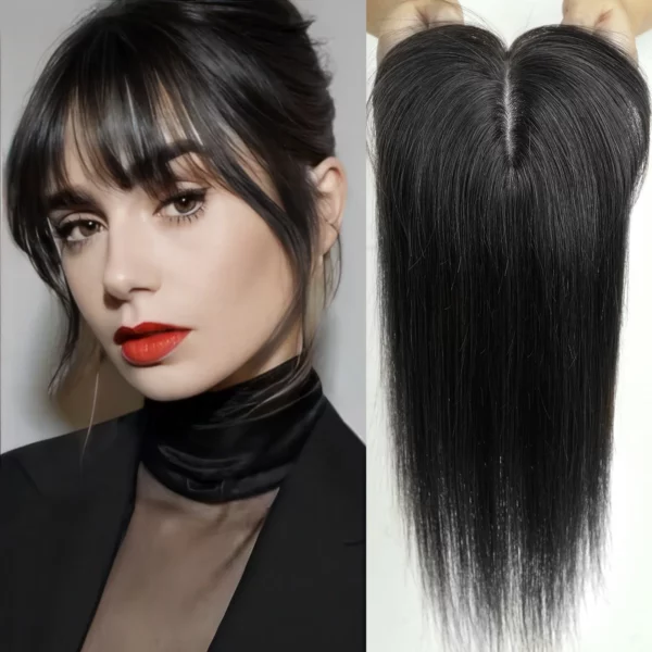 Black Hair Topper Real Human Hair Clip In With Bangs