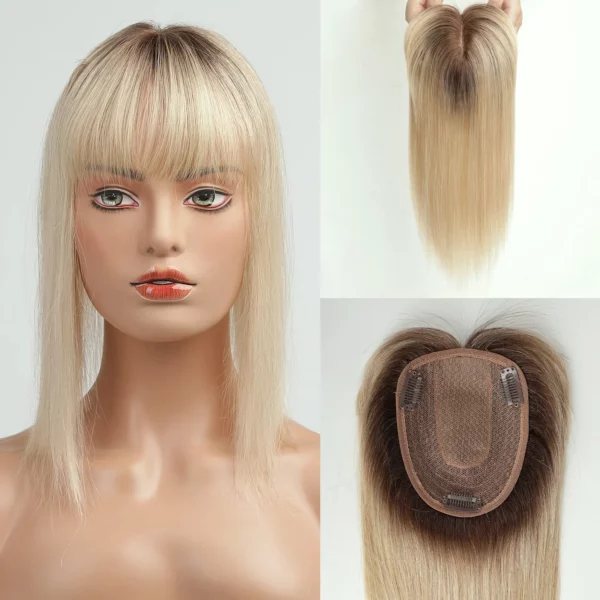 Blonde Hair Toppers Real Human Hair Silk Base With Bangs